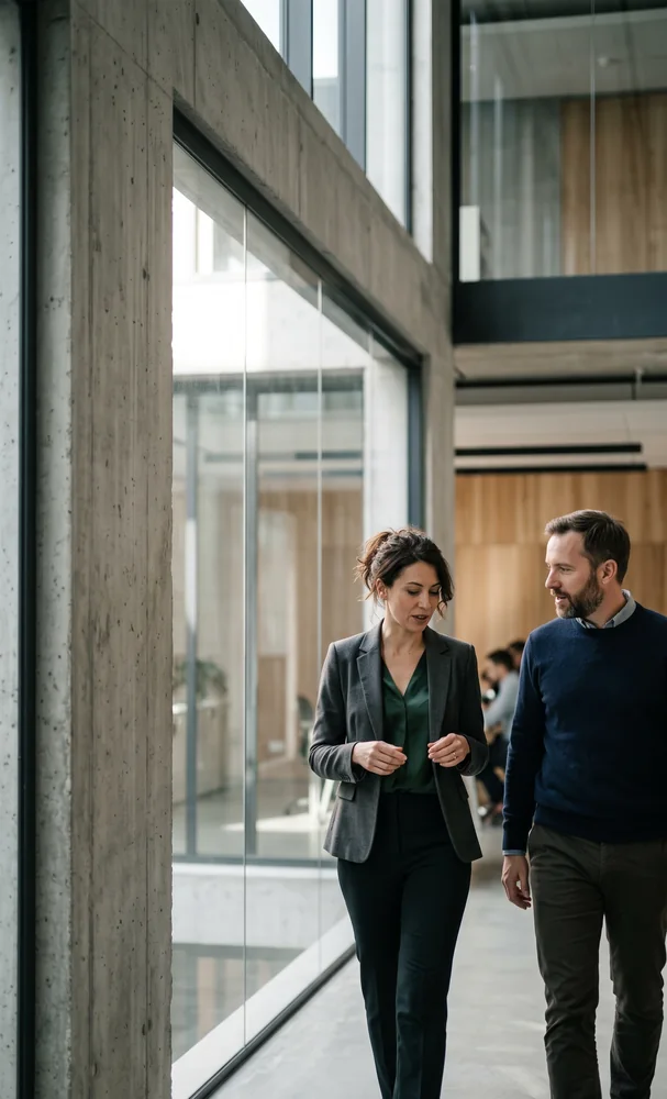 Two colleagues in conversation walking through a modern office