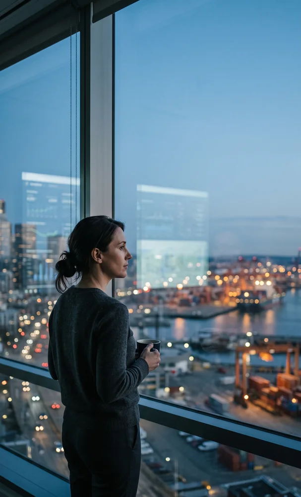 A professional overlooking a working port at dusk from a high-rise office