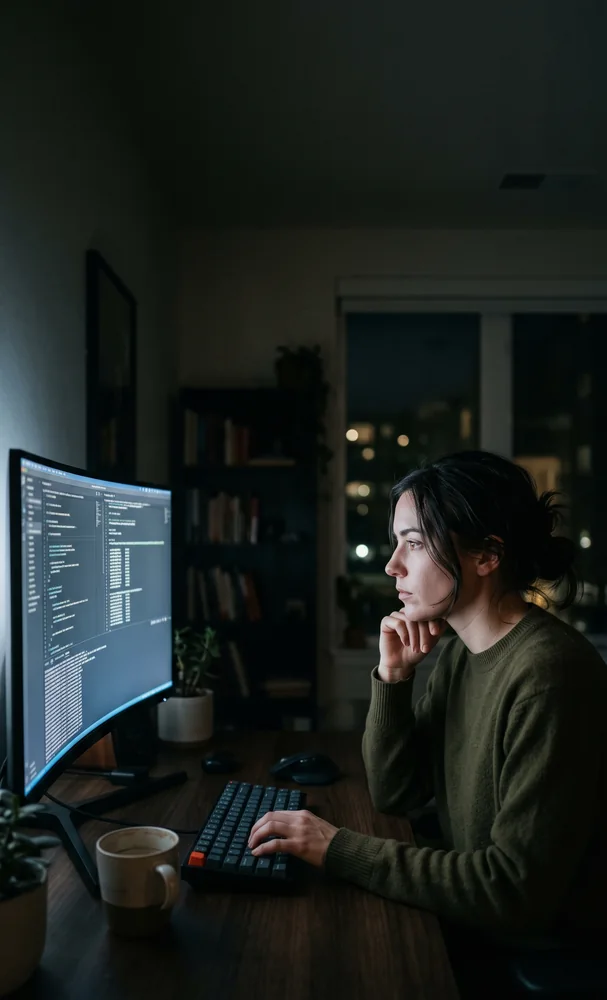 A finance professional working through data at a monitor at night